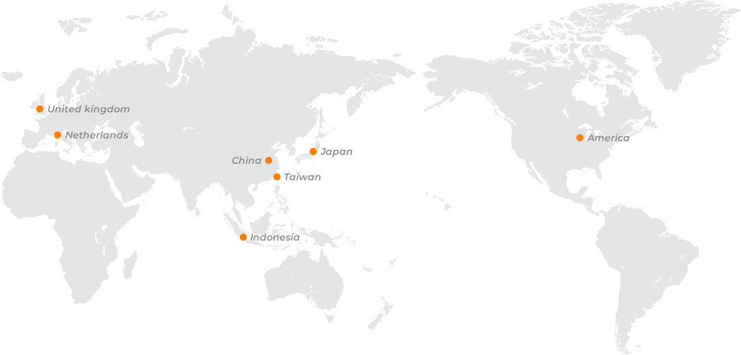 海外グループ会社 世界地図 United kingdom, Netherlands, China, Japan, Taiwan, Indonesia, America